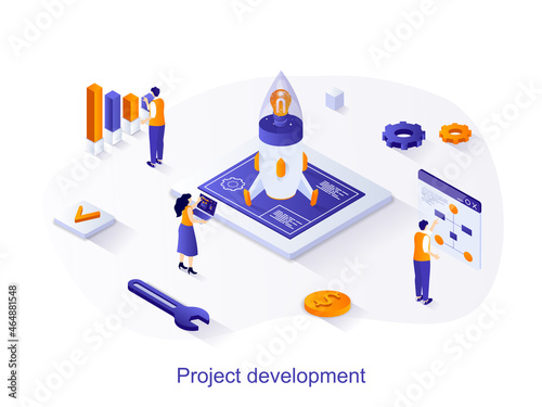 Project development isometric web concept. People launch startup, create and develop new business, successful strategy and analysis of data scene. Vector illustration for website template in 3d design