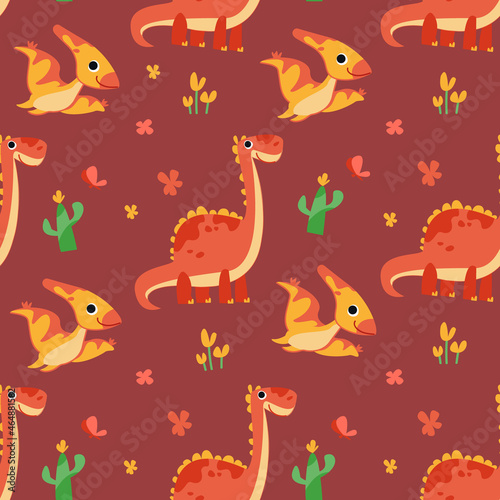 Seamless pattern with cute cartoon dinosaurs and pterodactyls. Colorful prehistoric lizards. Children s illustration by hand for printing on fabric and for design.