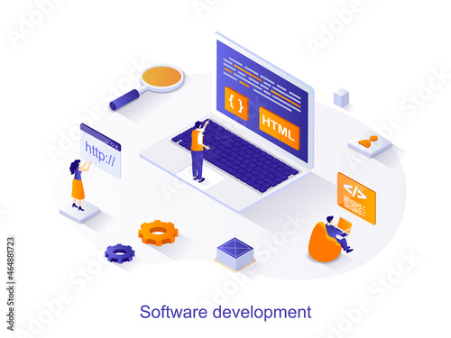 Software development isometric web concept. People program in different languages, working with code, optimize and customize programs scene. Vector illustration for website template in 3d design