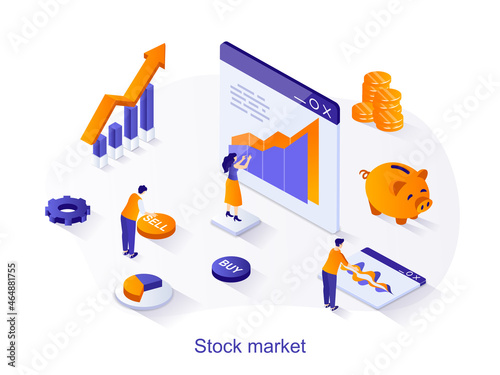 Stock market isometric web concept. People working with trading graph and candlestick chart, buy or sell, earning and investment money scene. Vector illustration for website template in 3d design