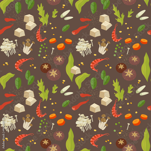 Seamless pattern with ingredients of Asian cuisine on a dark background. Vector illustration of mushrooms, shrimps and seafood in minimalistic flat style. Kitchen print.