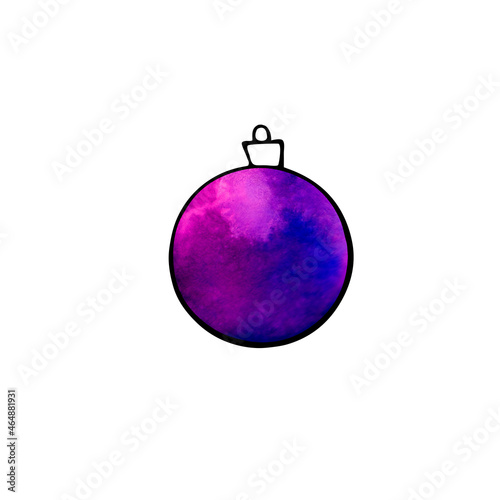 Christmas watercolor tree ball isolated on white background. New year and Christmas line art, doodle, sketch, hand drawn. Simple illustration for greeting cards, calendars, prints