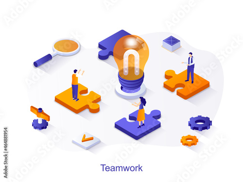 Teamwork isometric web concept. People work together, generate ideas, brainstorm, success collaboration of colleagues, business development scene. Vector illustration for website template in 3d design