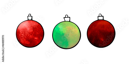 Set of Christmas watercolor red green tree balls. New year and Christmas line art, doodle, sketch, hand drawn. Simple illustration for greeting cards, calendars, prints