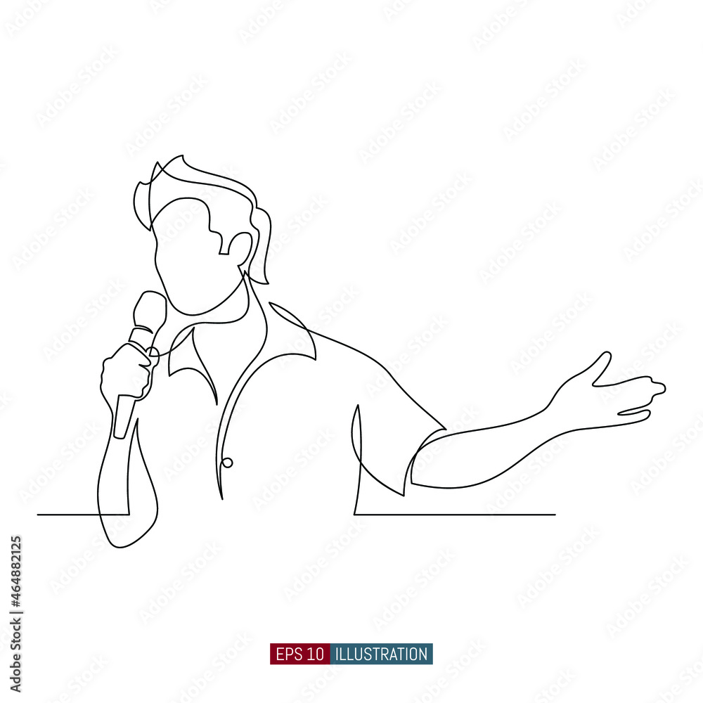 Continuous line drawing of man with microphone. Karaoke. Singer on stage. Public speech. Template for your design. Vector illustration. Continuous line drawing of man with microphone. Karaoke. Singer on stage. Public speech. Template for your design. Vector illustration.