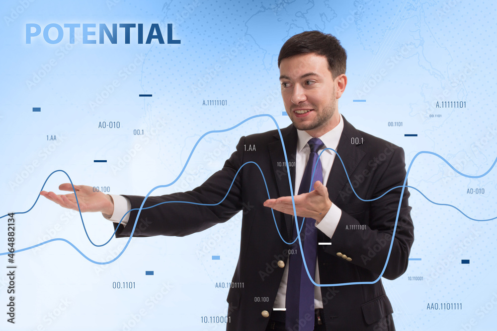 Business, Technology, Internet and network concept. Young businessman working on a virtual screen of the future and sees the inscription: Potential Business, Technology, Internet and network concept. Young businessman working on a virtual screen of the future and sees the inscription: Potential