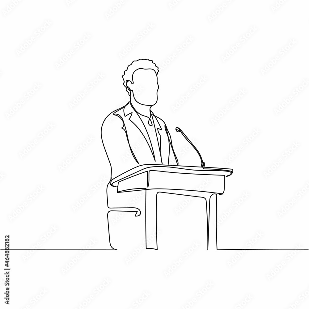 Vector continuous one single line drawing icon of man on a podium giving a speech in silhouette on a white background. Linear stylized.