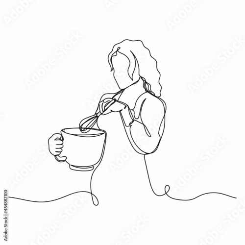 Vector continuous one single line drawing icon of woman in a culinary apron holds a pot and a hand mixer cooking concept in silhouette on a white background. Linear stylized.