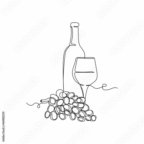 Vector continuous one single line drawing icon of glass of wine a bunch of grapes in silhouette on a white background. Linear stylized.