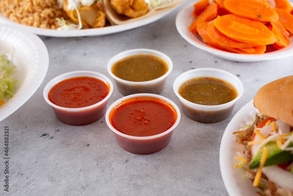 A view of varieties of Mexican salsas. A view of varieties of Mexican salsas.