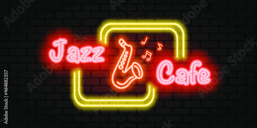 Jazz Cafe Neon Vector. Neon sign, Logo, Brilliant Banner, Bright Night Advertising for your projects on Jazz Music. Live music
