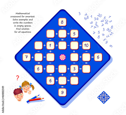 Mathematical crossword for smartest. Logic puzzle game for children and adults. Solve examples and write the numbers. Find solution for all equations. Brain teaser book. Developing counting skills.