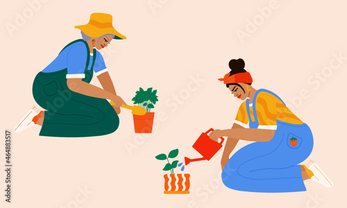 Illustration of mother and daughter taking care of plants