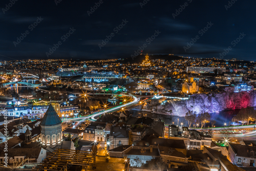 Naklejka premium Night view of the center of Tbilisi, Georgia in January