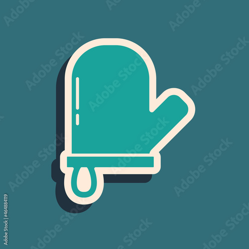 Green Oven glove icon isolated on green background. Kitchen potholder sign. Cooking glove. Long shadow style. Vector