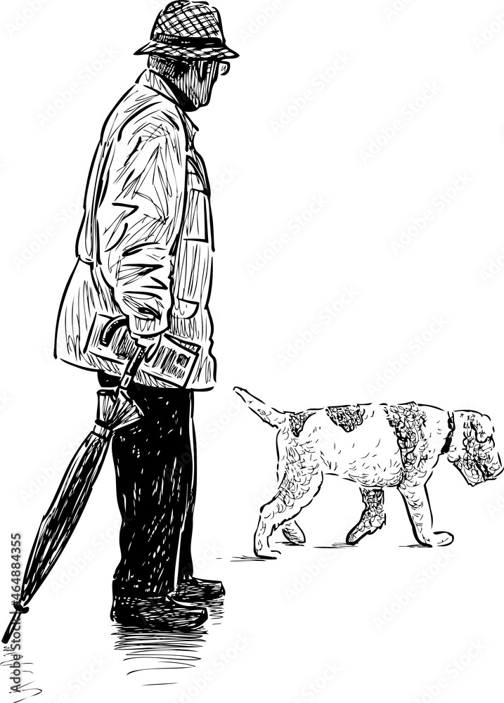 Sketch of elderly man in hat with umbrella and his dog walk outdoors ...