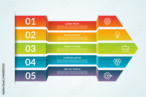 Modern infographic template. Big paper arrow of 5 colorful horizontal strips. Can be used for graph, chart, report, presentation, step-by-step infographics, web design. Vector illustration