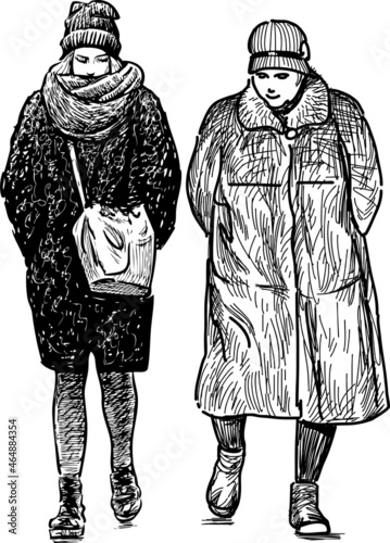 Sketch of elderly woman and her granddaughter walk outdoors together