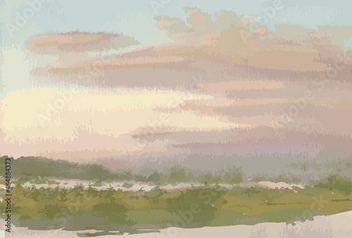 Fototapeta Naklejka Na Ścianę i Meble -  Vector watercolor landscape of fog over riverside in early pink morning