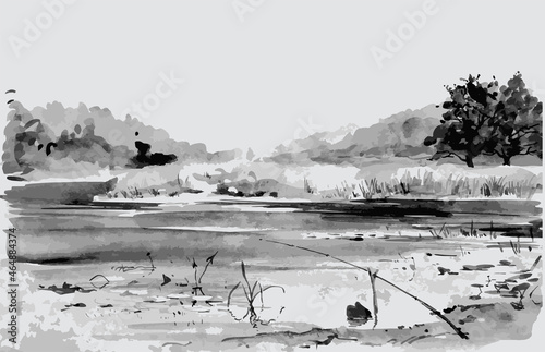 Vector watercolor monochrome drawing of landscape riverside with trees,grass and fishing rod
