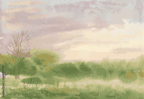 Vector watercolor spring landscape of early foggy morning in countryside