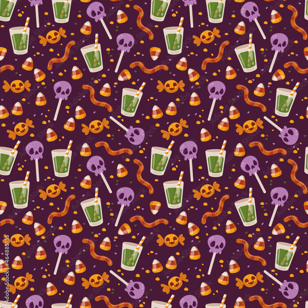 Seamless pattern with Halloween sweets on a dark purple background. Lollipops, worms and candies. Vector illustration in minimalistic flat style, hand made child s drawing. Textile printing Seamless pattern with Halloween sweets on a dark purple background. Lollipops, worms and candies. Vector illustration in minimalistic flat style, hand made child s drawing. Textile printing