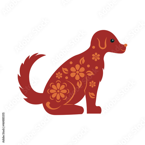 Red dog with ornament and flowers symbol of the Chinese new year