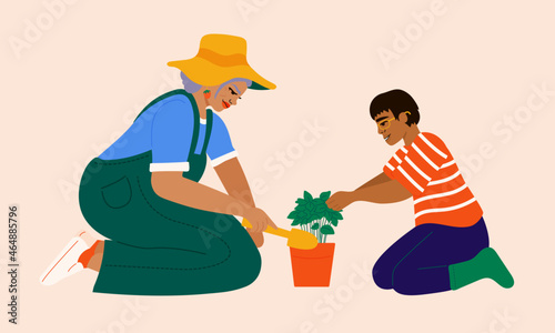 Illustration of grandmother and grandson taking care of plant