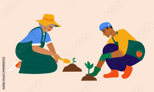 Illustration of mother and son planting herbs in garden
