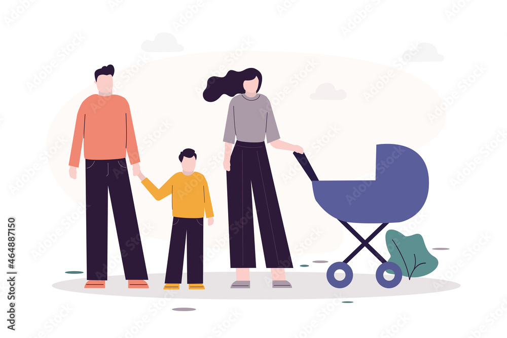 Family portrait. Parents with son and newborn baby on walk. Cute people with baby carriage. Mother, father and son. Happiness wife and husband