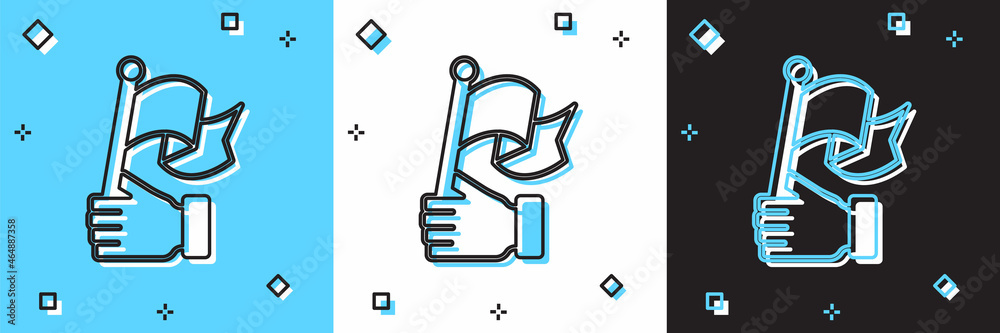 Set Hand holding flag icon isolated on blue and white, black background. Victory, winning and conquer adversity concept. Vector Set Hand holding flag icon isolated on blue and white, black background. Victory, winning and conquer adversity concept. Vector