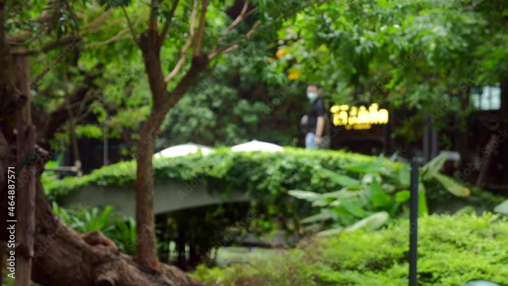 Public city park with beautiful bridge. Couple of people in face mask walking in park with greenery and modern glowing sign on background. Covid-19, pandemic situation. Blurred, defocused. Slow motion Public city park with beautiful bridge. Couple of people in face mask walking in park with greenery and modern glowing sign on background. Covid-19, pandemic situation. Blurred, defocused. Slow motion