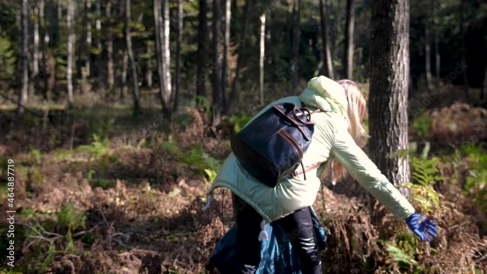 Unrecognizable woman volunteer colecting plastic in the forest on sunny autumn day. Plastic pollution and environmental problem concept. Unrecognizable woman volunteer colecting plastic in the forest on sunny autumn day. Plastic pollution and environmental problem concept.