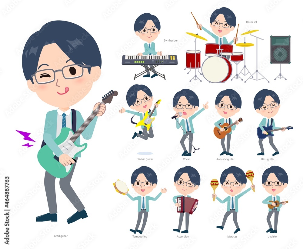 ロックンロールやポップミュージックを演奏する事務員男性のセット ロックンロールやポップミュージックを演奏する事務員男性のセット