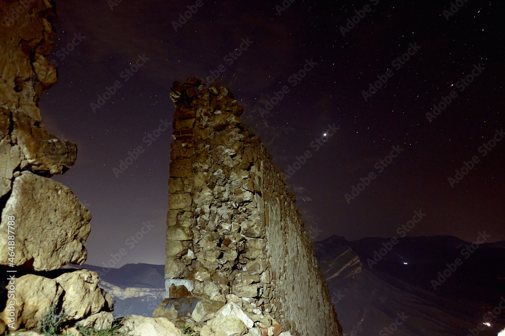 Gunibsky fortress. Night view. Protective wall of Gunib. Russia, Republic of Dagestan. 