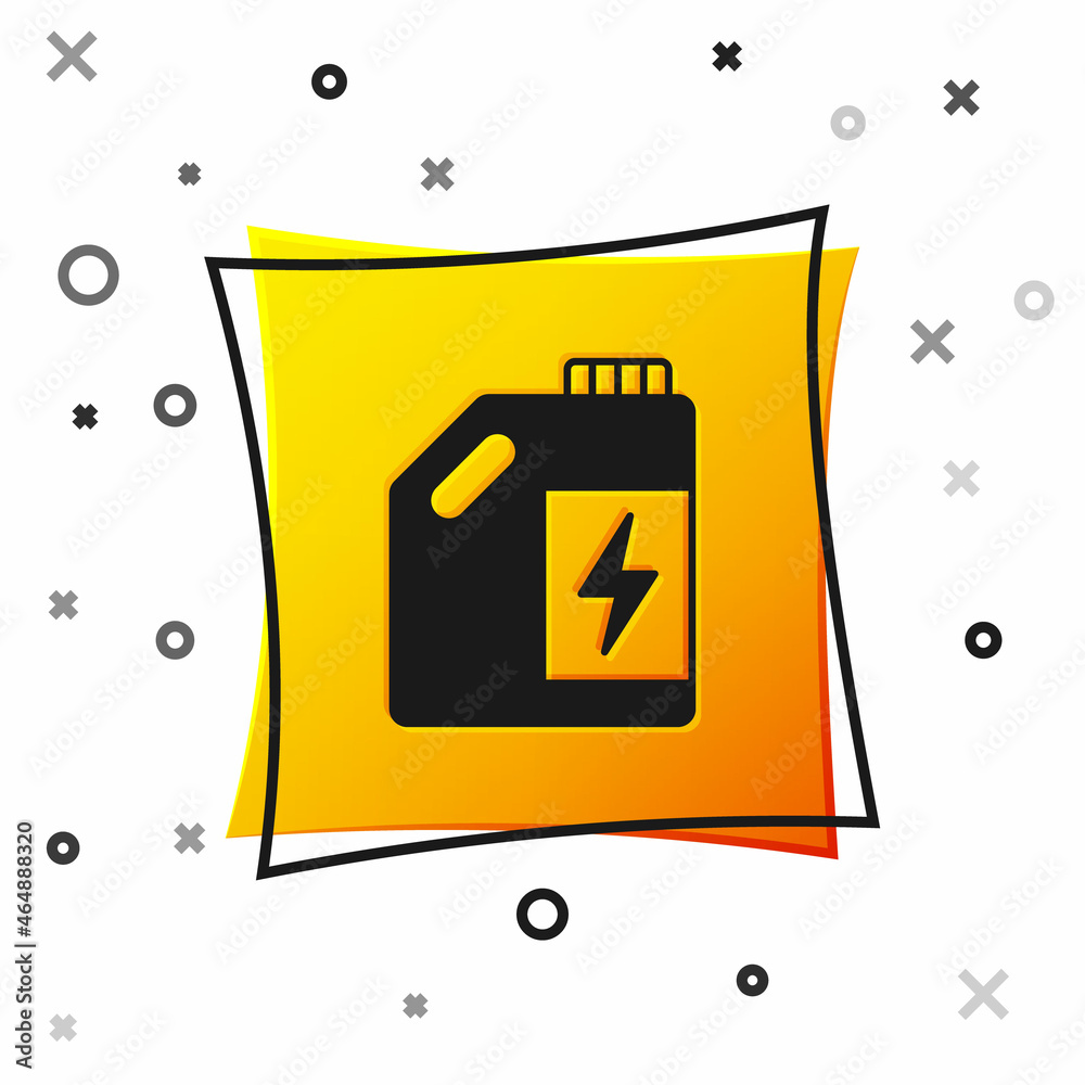 Black Eco fuel canister icon isolated on white background. Eco bio and barrel. Green environment and recycle. Yellow square button. Vector Black Eco fuel canister icon isolated on white background. Eco bio and barrel. Green environment and recycle. Yellow square button. Vector