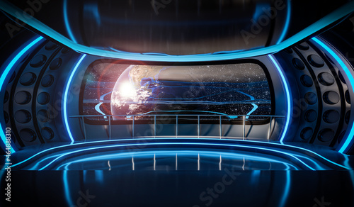 The interior of the spaceship with a view from the window to the planet Earth. Commercial space travel concept. 3d rendering. Elements of this image were furnished by NASA