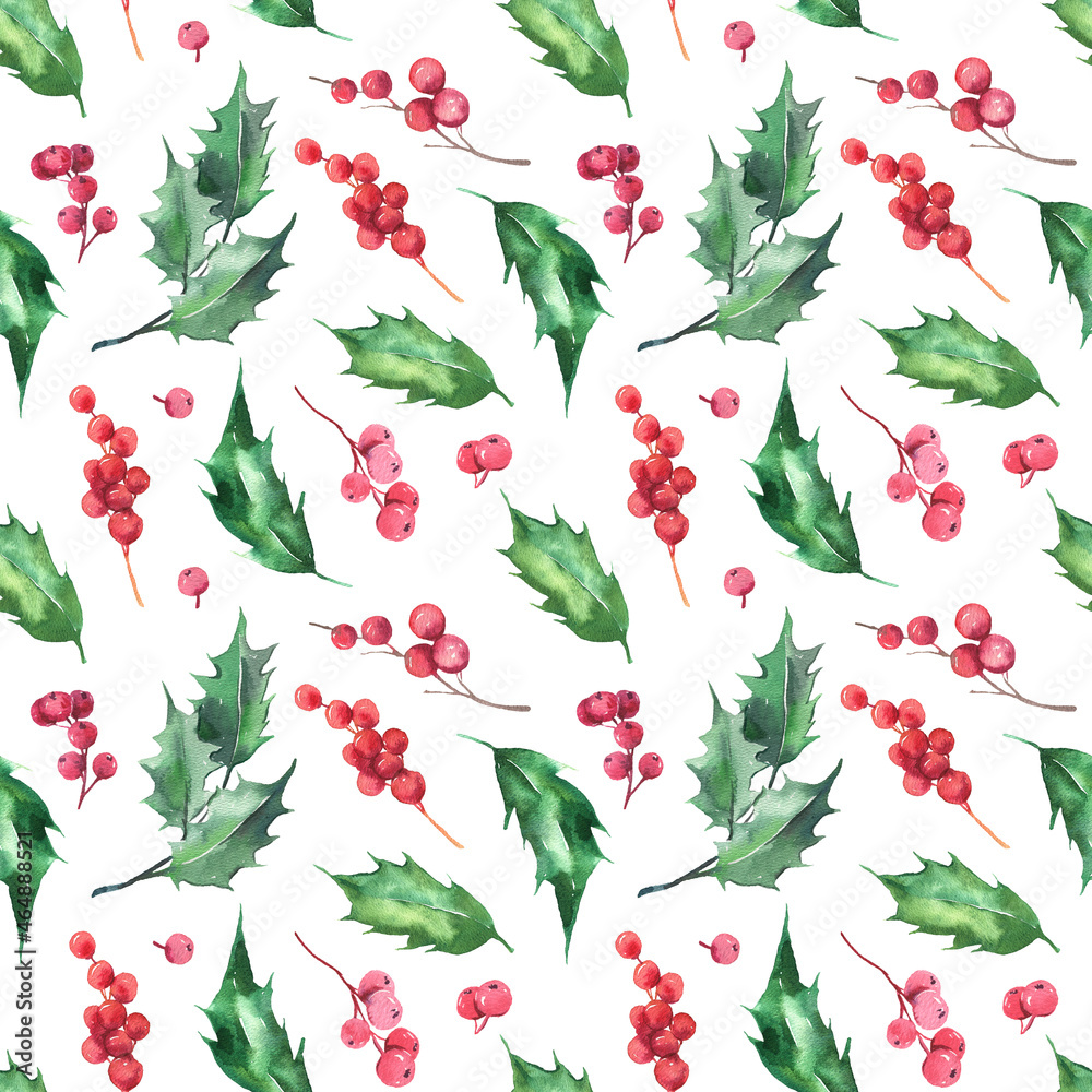Seamless pattern with hand painted watercolor red berries, green leaves on white background. Cute design for Christmas textile design, scrapbook paper, decorations. . High quality illustration