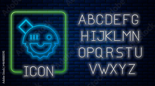 Glowing neon Electric circular saw with steel toothed disc icon isolated on brick wall background. Electric hand tool for cutting wood or metal. Neon light alphabet. Vector