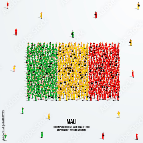 Mali Flag. A large group of people form to create the shape of the Mali flag. Vector Illustration.