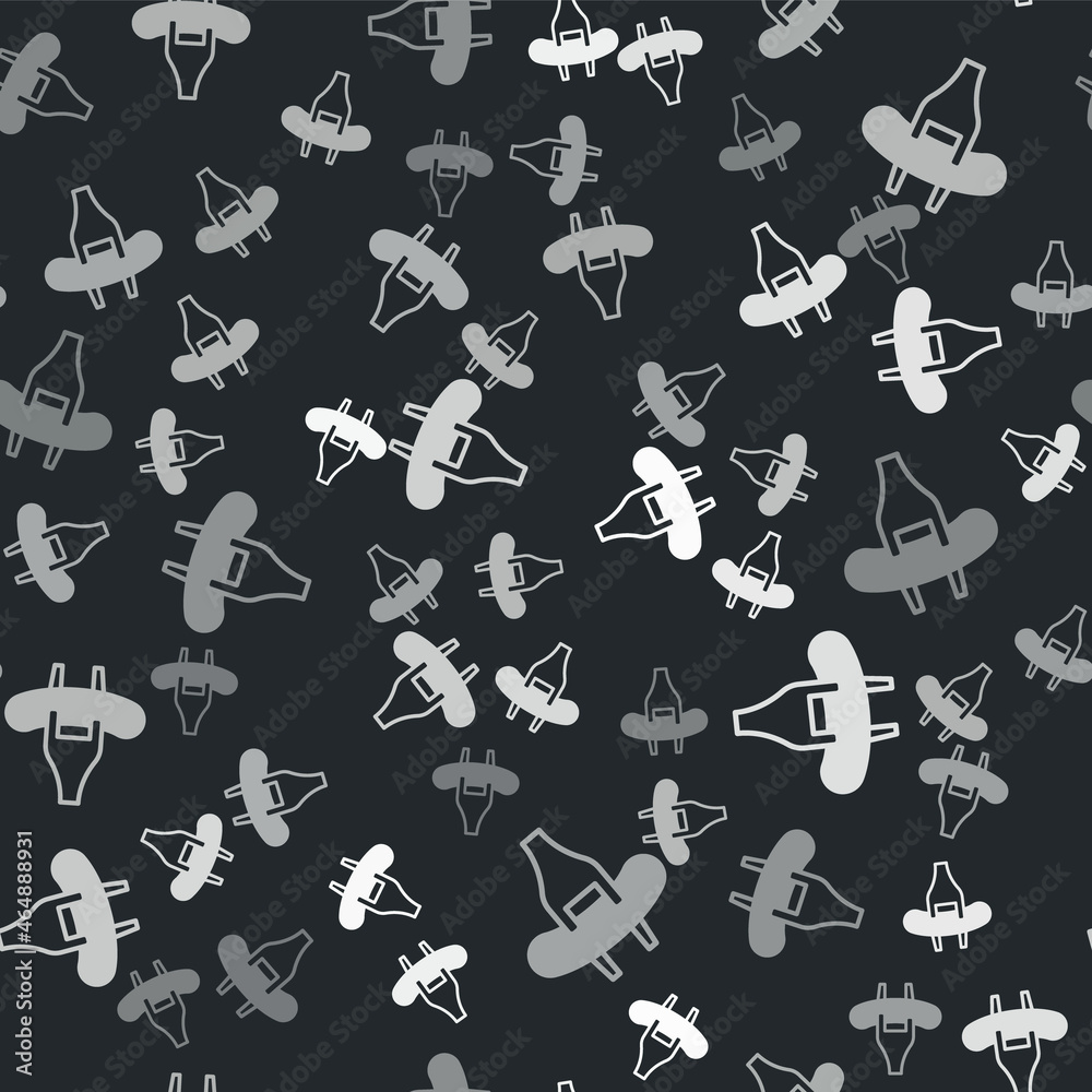 Grey Sausage on the fork icon isolated seamless pattern on black background. Grilled sausage and aroma sign. Vector Grey Sausage on the fork icon isolated seamless pattern on black background. Grilled sausage and aroma sign. Vector