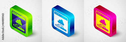 Isometric Cloud technology data transfer and storage icon isolated on grey background. Square button. Vector