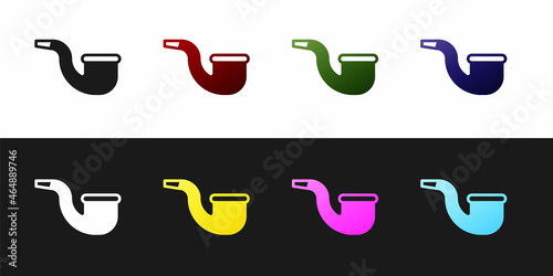 Set No pipe smoking icon isolated on black and white background. Dont smoke. Tobacco pipe. Vector