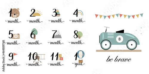 Stickers for the first year of a baby's life from 1 month to 12 months. Vector illustration with vintage toy, car, garland. Cute kids stickers for child control for parents