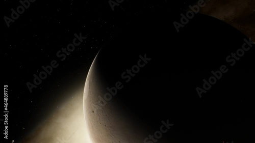 Fly past a stone planet. Cinematic 3D rendering animation