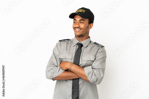 African American safeguard over isolated white background happy and smiling photo