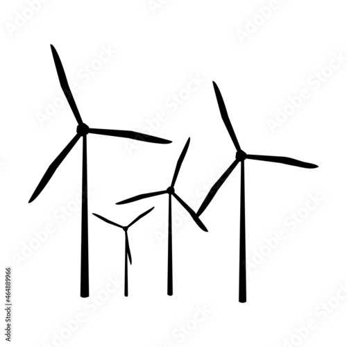 Wind turbines isolated on white background. Windmill group for electric power production. Wind power plant towers farm. Wind mill icon. Eco energy concept.Alternative energy symbol.Vector illustration