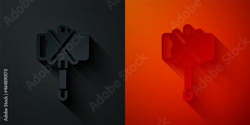 Paper cut Medieval axe icon isolated on black and red background. Battle axe, executioner axe. Medieval weapon. Paper art style. Vector