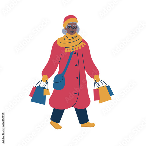 Woman in a winter coat out on a shopping run. Isolated vector illustration.