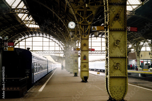 St. Petersburg, Russia - April 15, 2020: Vitebsk railway station in an early sunny morning, platform with a clock.